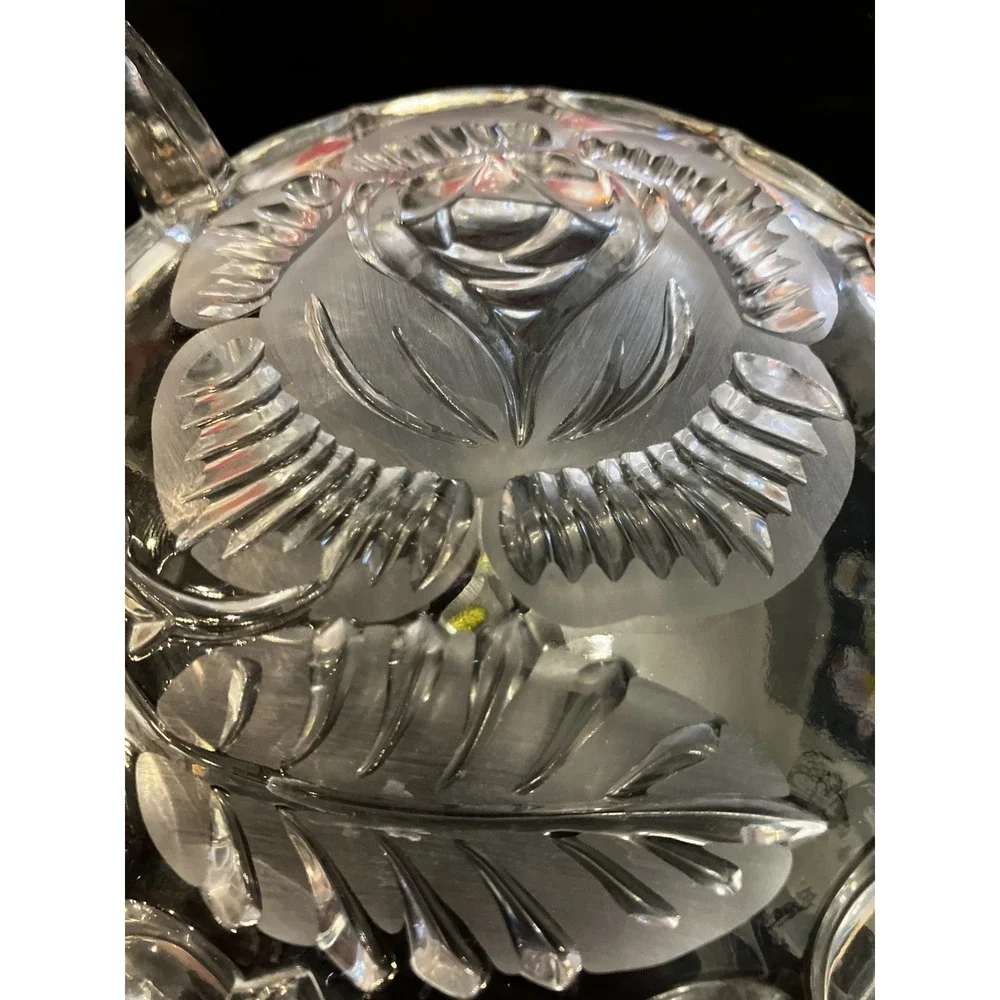 Vintage Imperlux Pressed Crystal Footed Bowl Candy Dish Fluted Edges Etched Rose